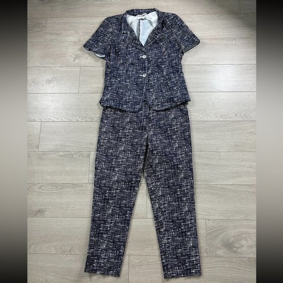 MaxMara Blue White Pattern Short Sleeve Blazer Pantsuit